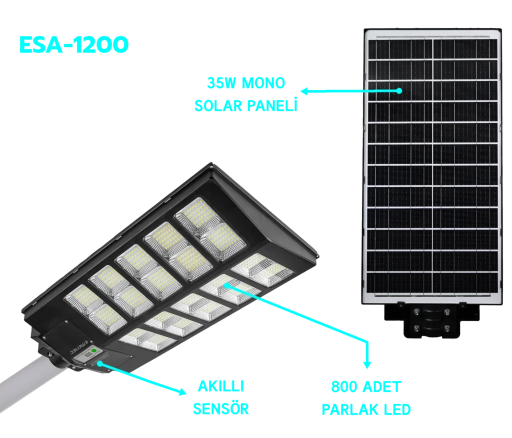 Mavi metin ve oklarla gösterilen, 36W mono güneş paneli, parlak LED dizisi ve akıllı sensörle donatılmış, ESA-1200 etiketli güneş enerjili sokak lambası.