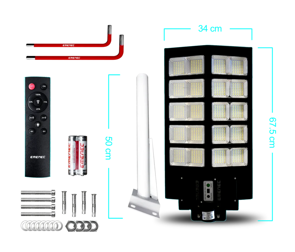 LED lamba, montaj direği, uzaktan kumanda, iki adet pil, iki adet alyan anahtarı, vida, somun ve cıvatadan oluşan güneş enerjili sokak aydınlatma kiti; boyutları 91,8 cm x 34 cm'dir.