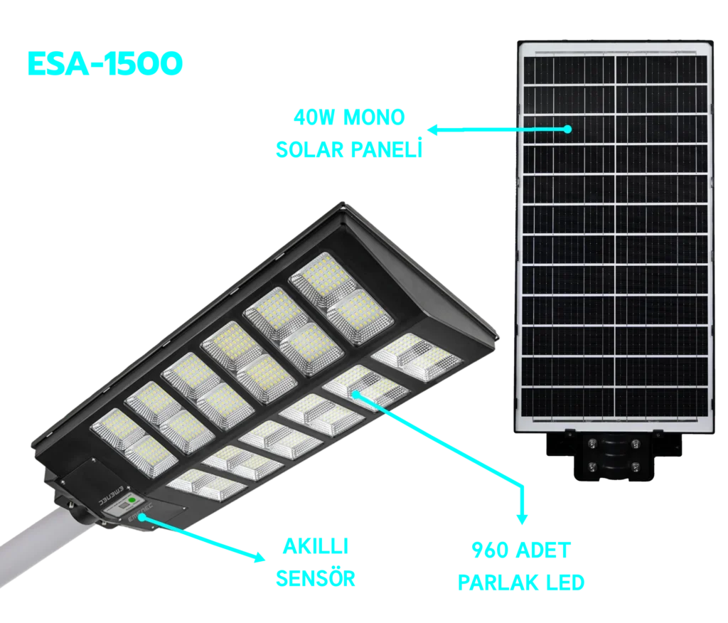 ESA-1500 etiketli, 40W mono güneş paneli, 340 parlak LED ışık ve akıllı sensör içeren güneş enerjili sokak aydınlatma sistemi.