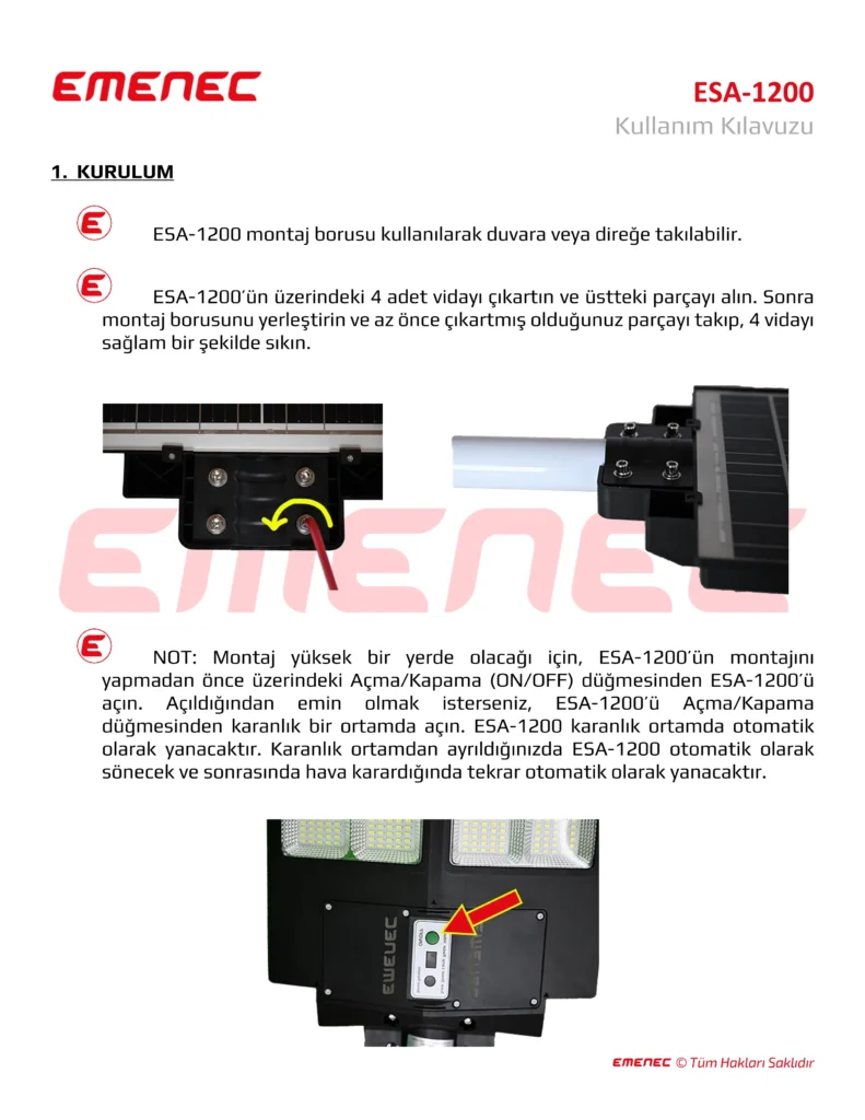 Emenec ESA-1200 için bir montaj borusunun adım adım kurulumunu gösteren, etiketli diyagramlar ve Türkçe açıklayıcı metin içeren kullanım kılavuzu sayfası.