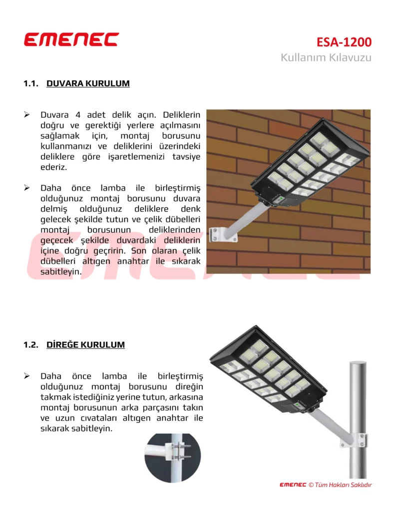 Güneş enerjisiyle çalışan bir dış mekan lambası, Türkçe kurulum talimatlarıyla birlikte bir duvara ve bir direğe monte edilmiş olarak gösterilmektedir.