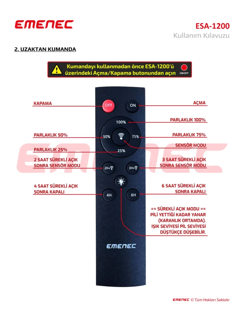 Güç, parlaklık, zamanlayıcı, sensör ve çeşitli çalışma modları için etiketli düğmelere sahip ESA-1200 uzaktan kumanda, Türkçe olarak açıklanmıştır.
