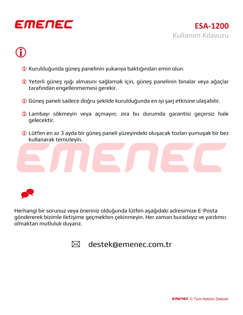 EMENEC ESA-1200 için Türkçe kurulum ve bakım yönergelerini içeren kullanım kılavuzu sayfası; en altta destek için iletişim e-postası içerir.