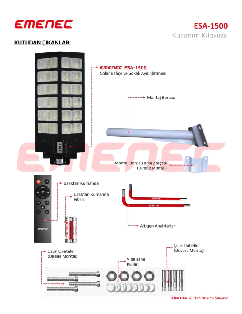 EMENEC ESA-1500 güneş enerjili sokak lambası kitinin içeriği, ışık ünitesi, montaj direği, uzaktan kumanda, armatürler, piller, aletler ve kullanım kılavuzu dahil olmak üzere gösterilmektedir.