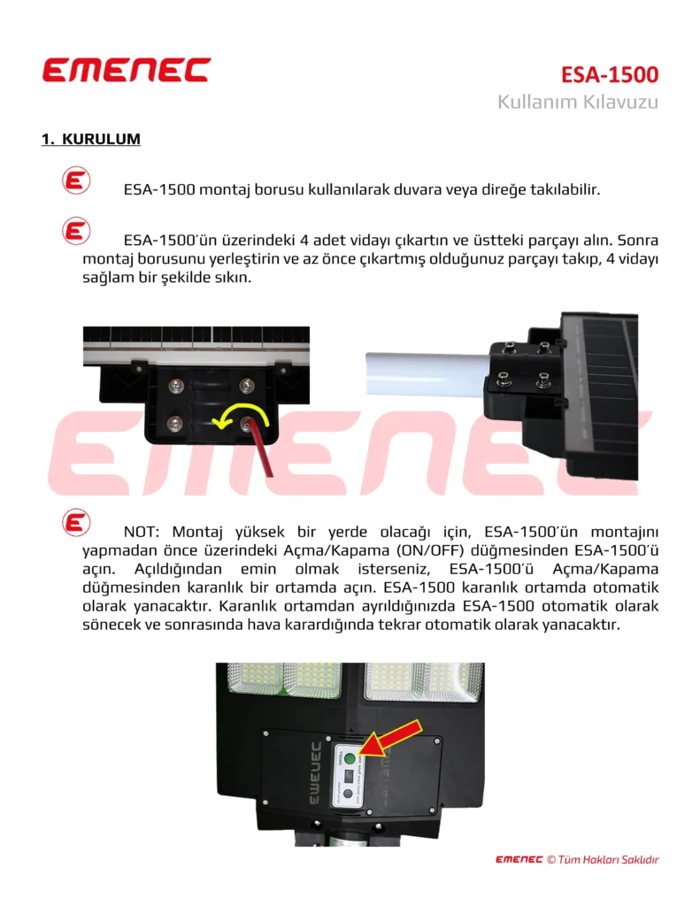 EMENEC ESA-1500'ün montajı için adımları gösteren, duvar veya direk montajı için resimler ve etiketli parçalar içeren bir talimat kılavuzu sayfası.