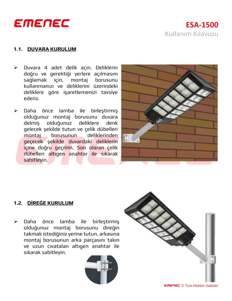 Duvara ve direğe montaj için şemaları ve talimatları gösteren Türkçe güneş enerjili sokak lambası montaj kılavuzu.