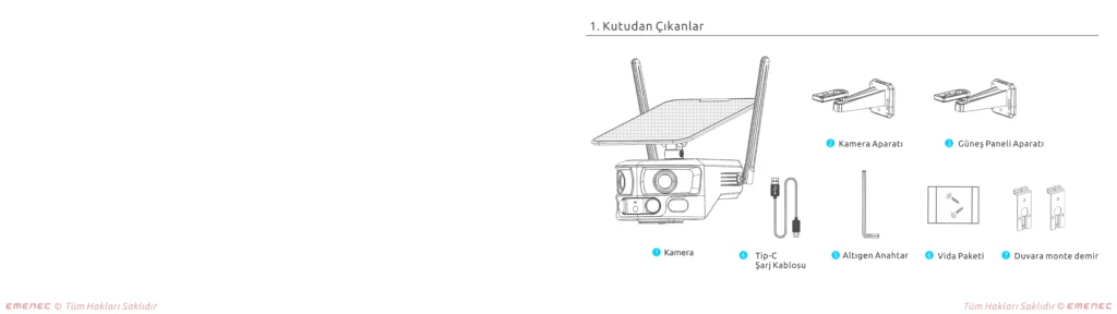 Bir güvenlik kamerası paketinin içeriğini gösteren diyagram: kamera, C Tipi USB kablosu, Alyan anahtarı, duvar montajı, giriş paneli montajı ve vidalar.