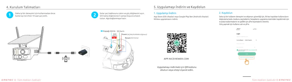 Cihaz bağlantıları ve uygulamayı indirme ve kaydetme adımları dahil olmak üzere güneş enerjisiyle çalışan bir güvenlik kamerası sistemi için kurulum talimatlarını gösteren şema.