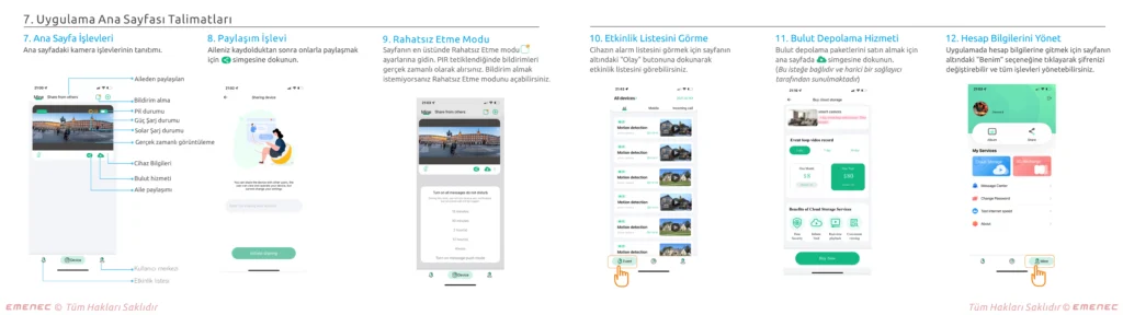 Fotoğraf paylaşımı, düzenleme, bulut depolama ve video görüntüleme dahil olmak üzere bir mobil uygulamanın ana sayfa işlevlerine yönelik talimatları gösteren ekran görüntüleriyle birlikte adım adım Türkçe kılavuz.