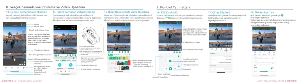 Bir güvenlik kamerası uygulaması için video akışı, oynatma kontrolleri ve cihaz ayarlarını gösteren açıklamalı akıllı telefon ekran görüntüleriyle birlikte Türkçe eğitim kılavuzu.