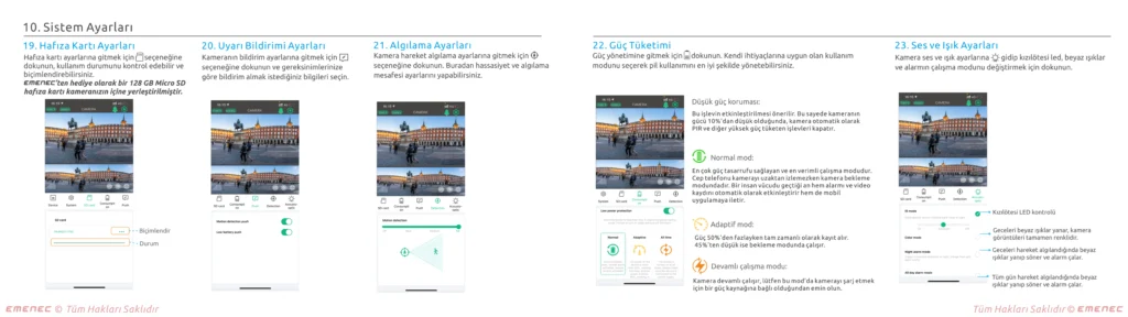 Bir uygulama için bildirim, alarm, güç ve ses seçenekleri de dahil olmak üzere sistem ayarlarını açıklayan Türkçe talimatlar içeren bir dizi akıllı telefon ekran görüntüsü.