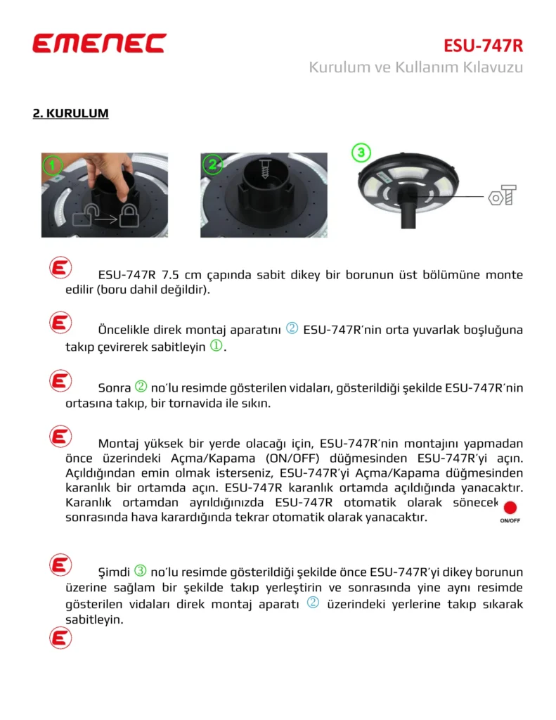 ESU-747R cihazına dikey bir çubuk takmak için numaralandırılmış adımları ve görüntüleri gösteren, açıklayıcı metin ve etiketli diyagramlar içeren Türkçe talimat kılavuzu sayfası.