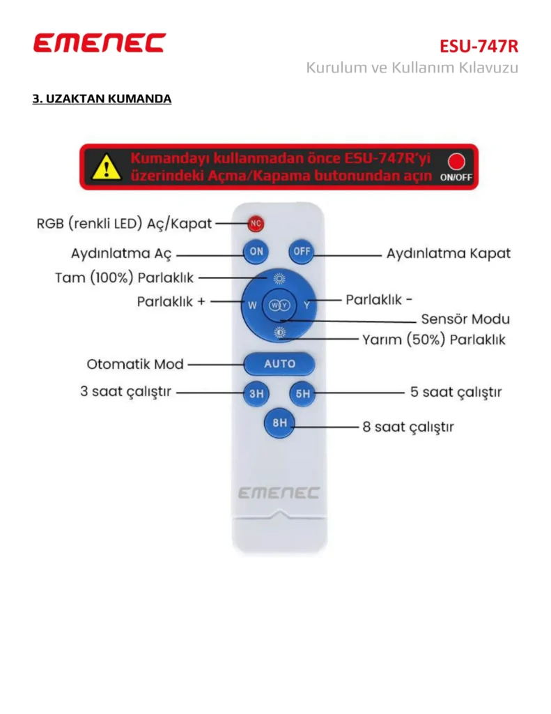 EMENEC ESU-747R uzaktan kumandanın güç, parlaklık, zamanlayıcı, sensör modu ve RGB LED ayarları için düğme işlevlerini gösteren etiketli bir şeması ve Türkçe talimatlar.