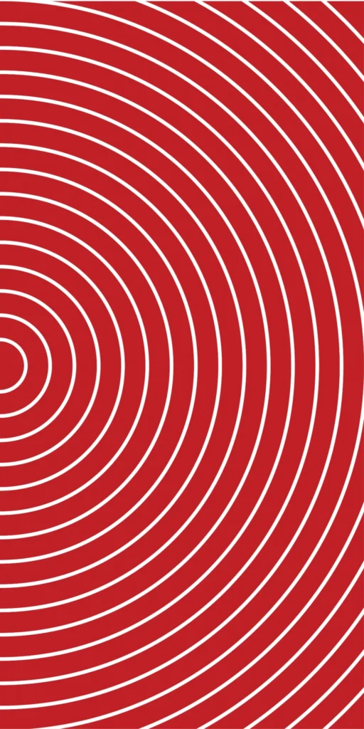 Kırmızı arka plan ve görüntünün sol alt köşesinden dışarıya doğru yayılan eşit aralıklı beyaz eşmerkezli daireler.