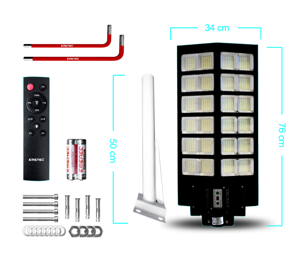 LED lamba (76x34x7 cm), montaj direği, uzaktan kumanda, piller, vidalar, braketler ve kurulum aksesuarları dahil olmak üzere güneş enerjili sokak lambası kitinin içeriği gösterilmektedir.