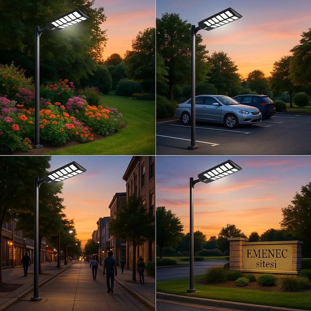 Gün batımında dört sahneden oluşan kolajda, bir bahçede, otoparkta, insanlarla dolu bir kaldırımda ve "EMENEC sitesi" yazılı bir tabelanın yanında güneş enerjisiyle çalışan modern sokak lambaları görülüyor.