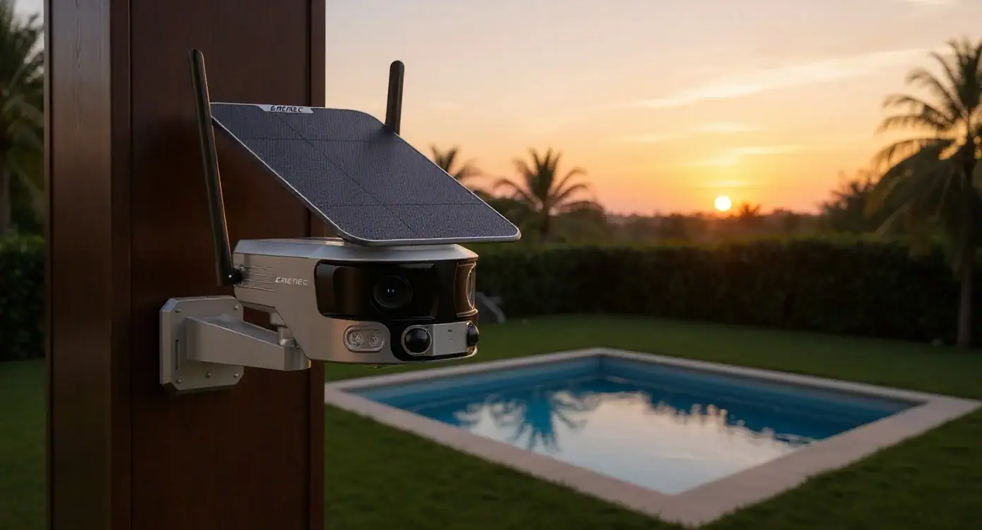 Güneş panelli ESK-180 WiFi güvenlik kamerası, havuz ve gün batımı manzarası.