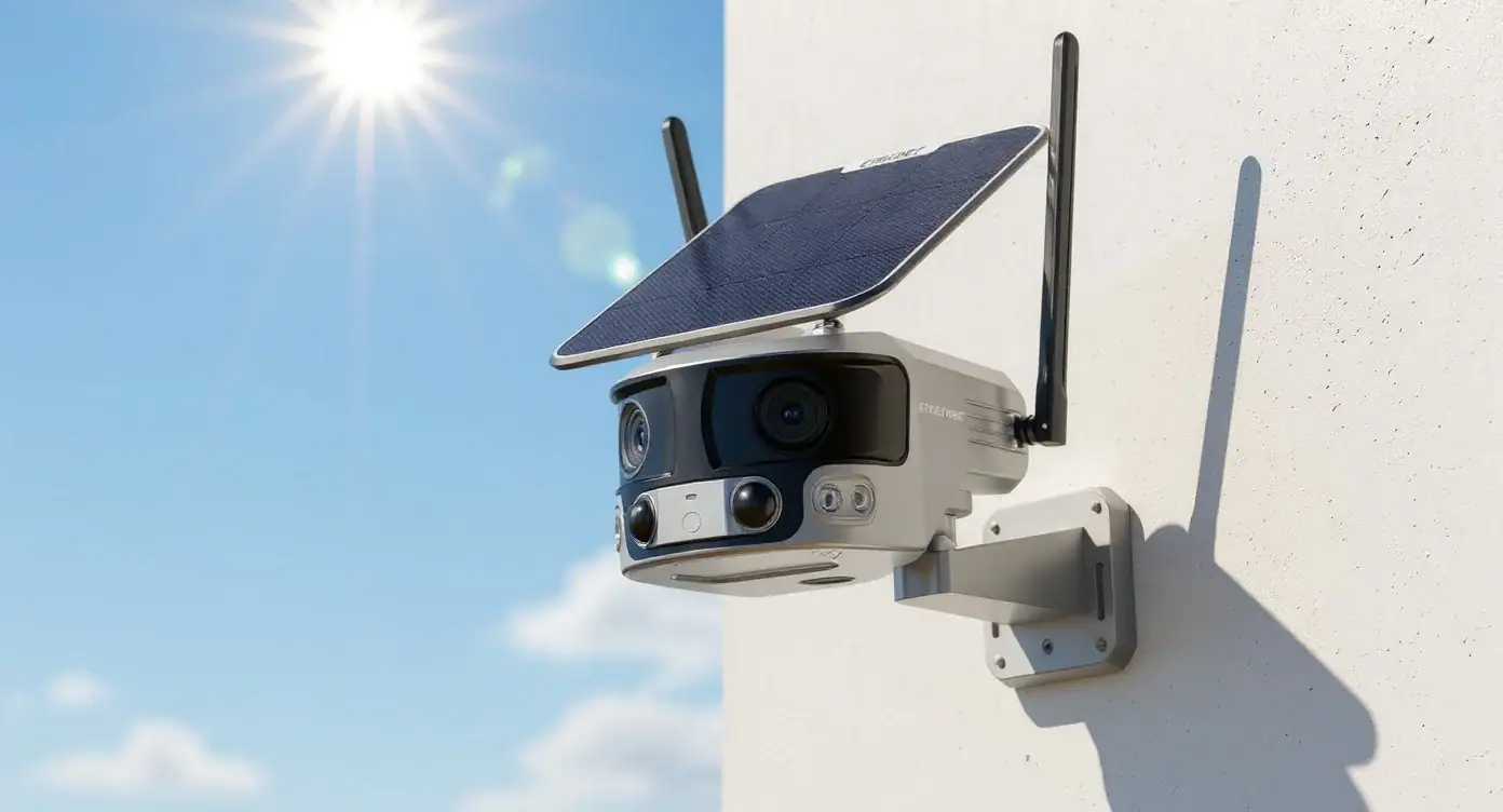 ESK-180 WiFi güvenlik kamerası, güneş paneliyle duvara monte edilmiş.