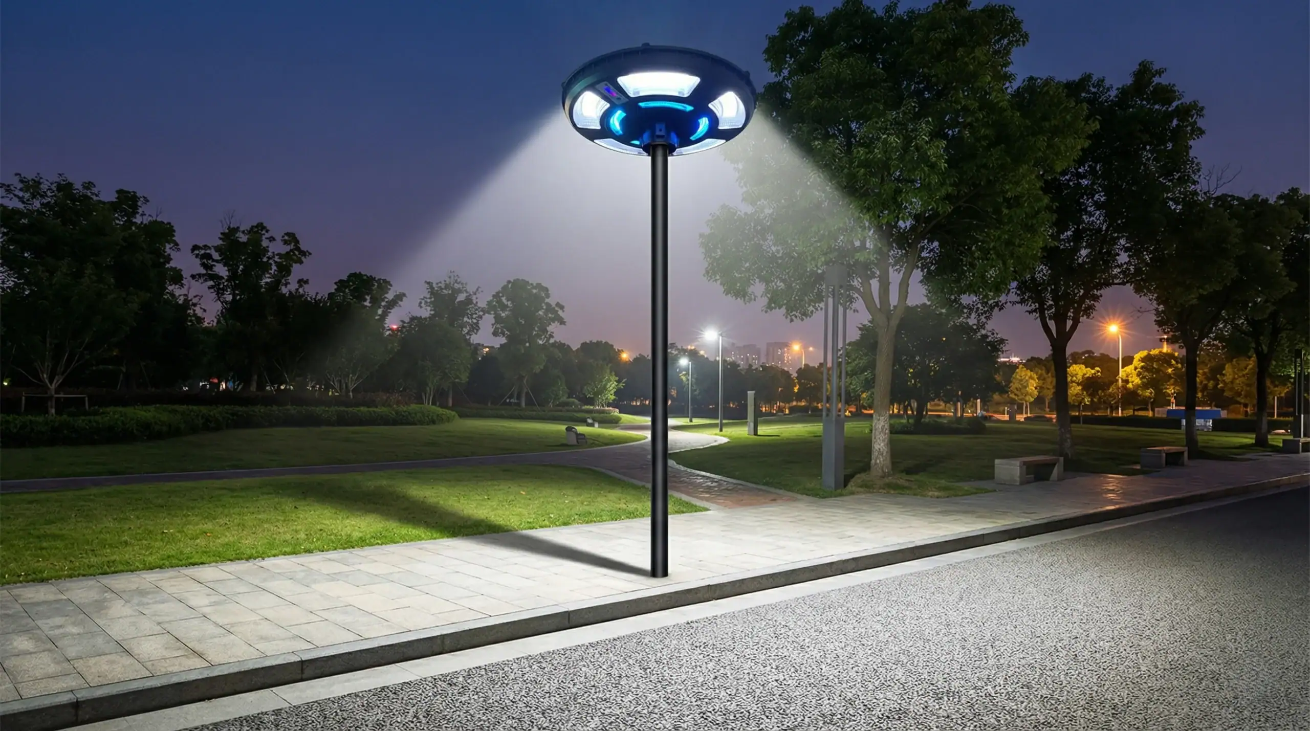 ESU-747R: Parkta modern LED sokak lambası gece aydınlatması.