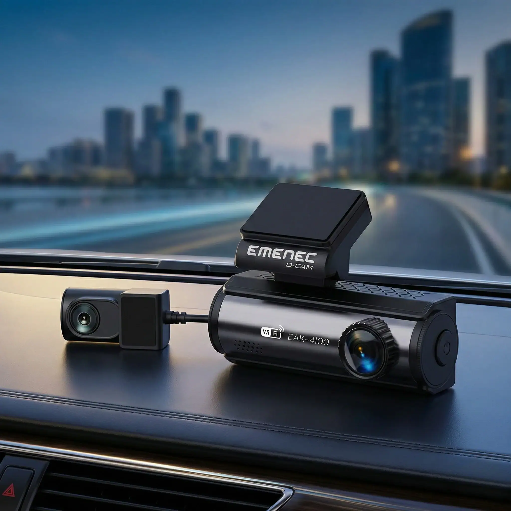 EMENEC EAK-4100 araç kamerası, şehir manzarası arka planda.