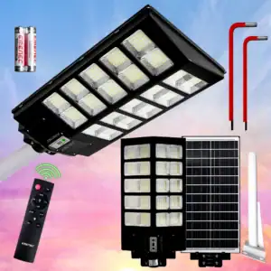 ESA-1200 solar sokak lambası: 800 LED, 35W MONO panel, IP65 korumalı. Uzaktan kumanda ve montaj aparatları dahil.