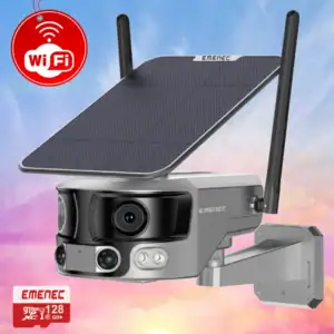 ESK-180 WiFi solar güvenlik kamerası, 180 derece görüş açılı, çift lensli, 4K çözünürlüklü.