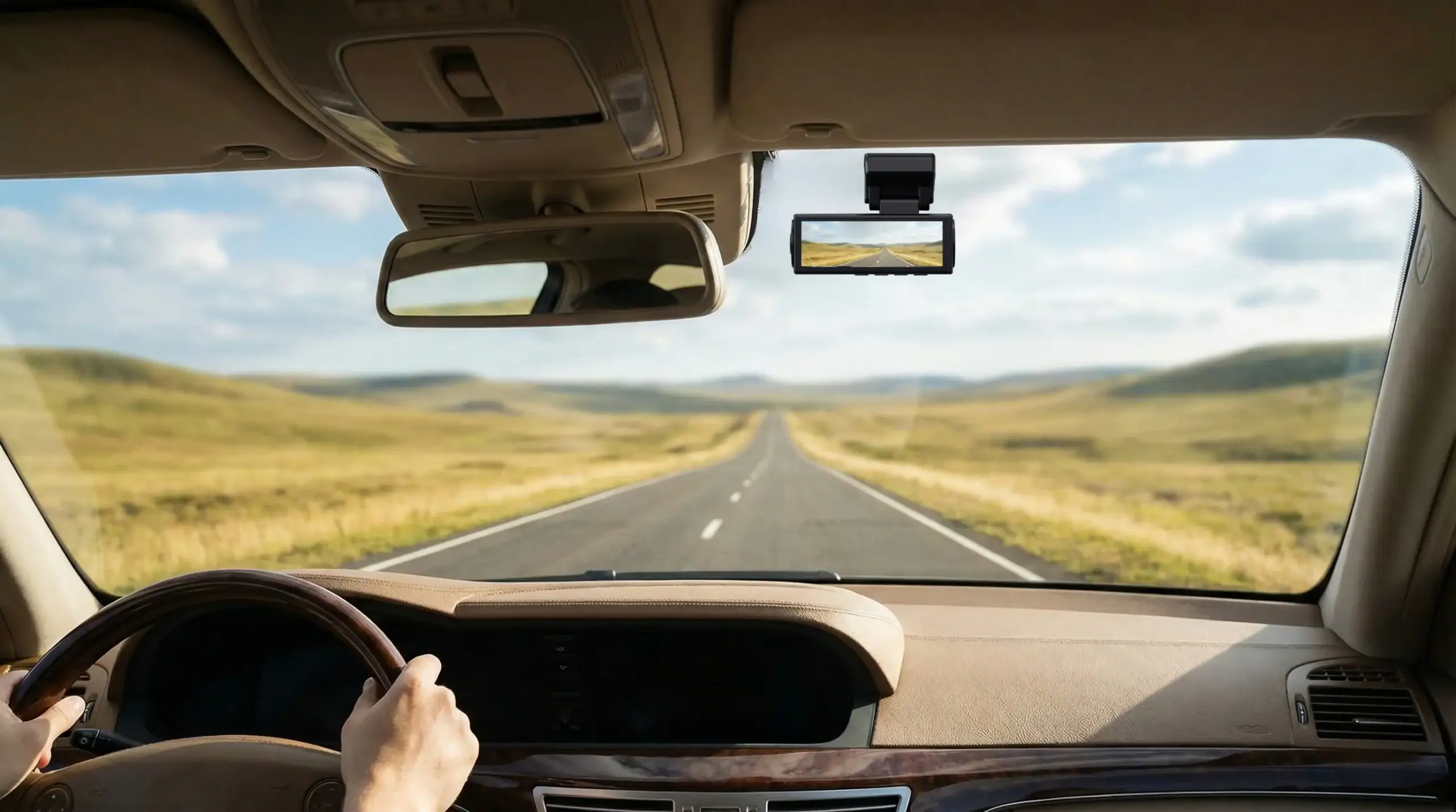 Araba ön camından yol manzarası ve EAK-4100 araç kamerası görüntüsü.