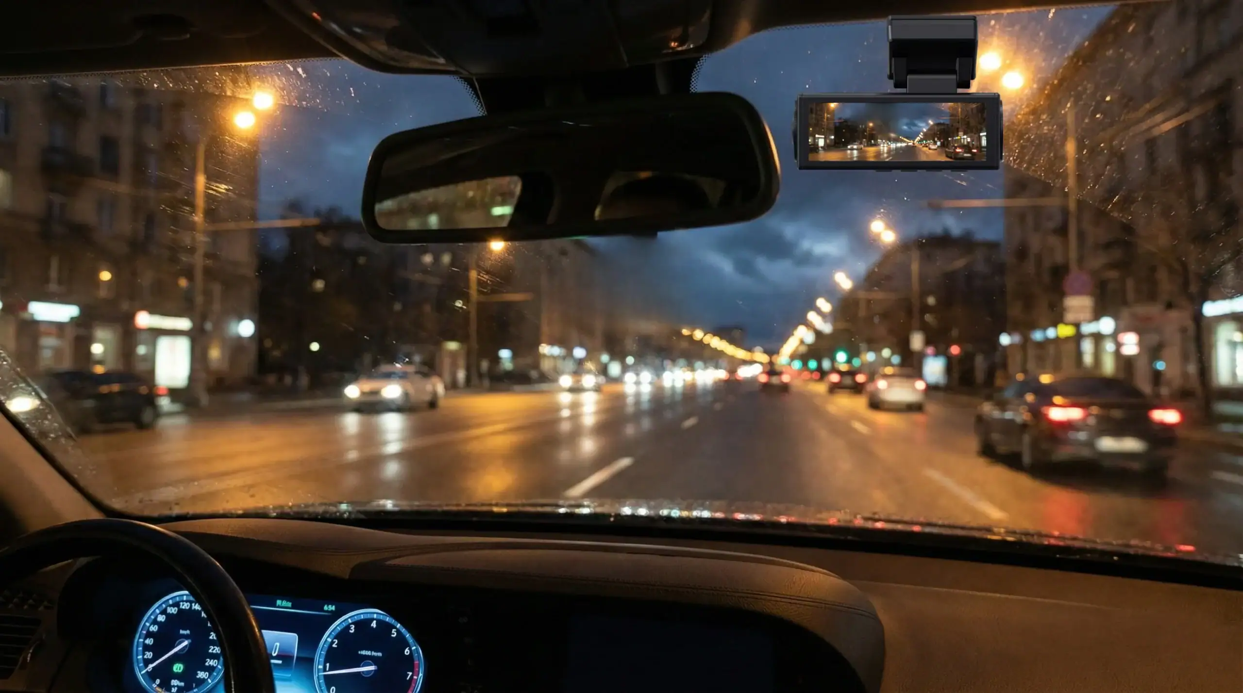 Gece şehirde araba sürüşü, EAK-4100 gösterge paneli ve dikiz aynası detayı.