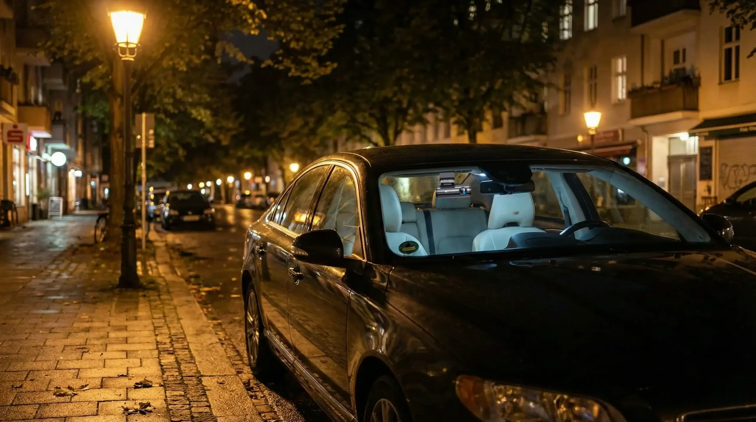 Gece sokağında park edilmiş siyah bir araba. EAK-4100 ile ilgili bir görüntü olabilir.