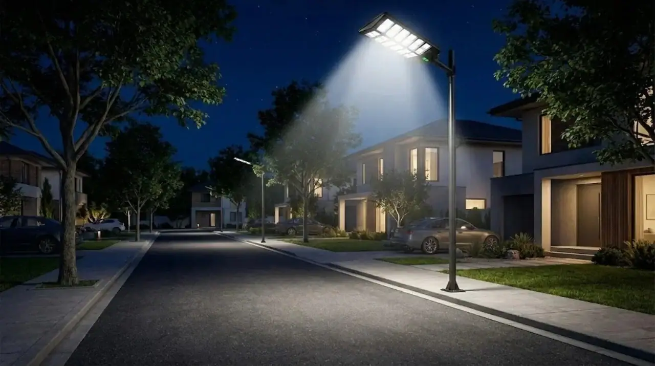 Gece vakti sokak lambalarıyla aydınlatılmış bir yerleşim yeri. ESA-1200 sokak lambaları yolu aydınlatıyor.