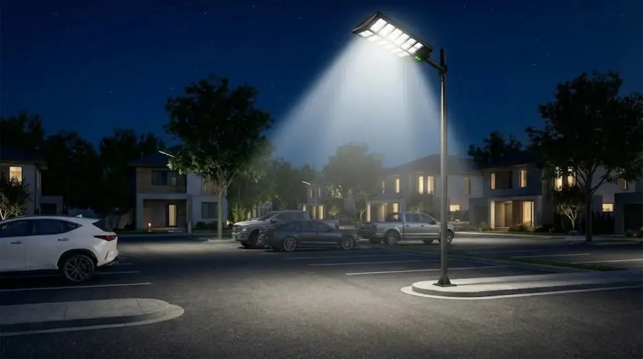 Otoparkta ESA-1200 güneş enerjili LED sokak lambası aydınlatması.