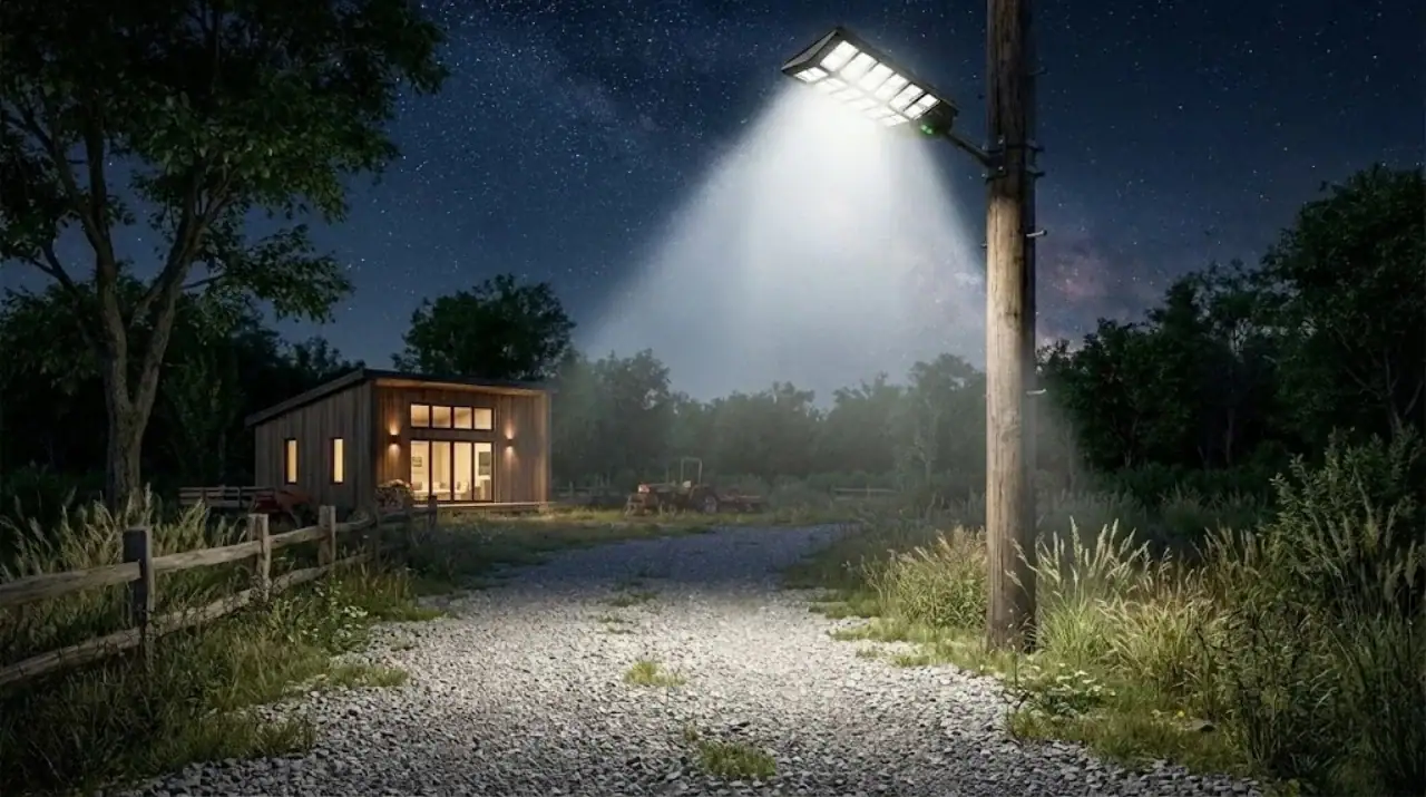 Geceleyin bir evin önünde ESA-1200 sokak lambası yolu aydınlatıyor.