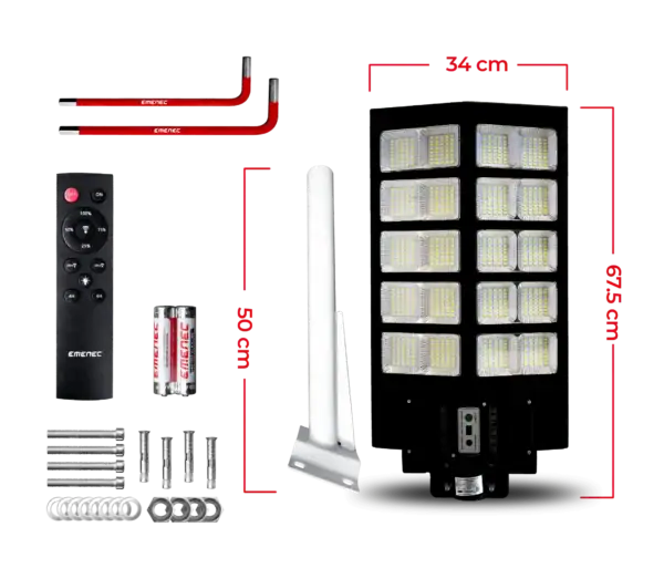 ESA-1500 güneş enerjili sokak lambası, montaj parçaları ve uzaktan kumandası ile birlikte.