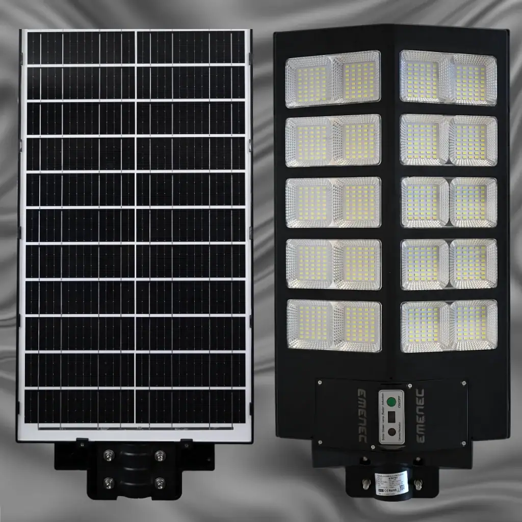 ESA-1200 güneş enerjili sokak lambası: güneş paneli ve LED aydınlatma ünitesi.