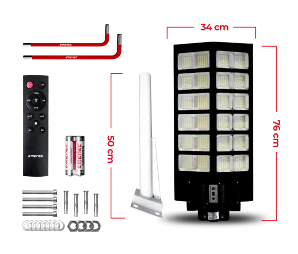 EMENEC ESA-1500 güneş enerjili sokak lambası, uzaktan kumanda, montaj parçaları ve boyut ölçüleri.