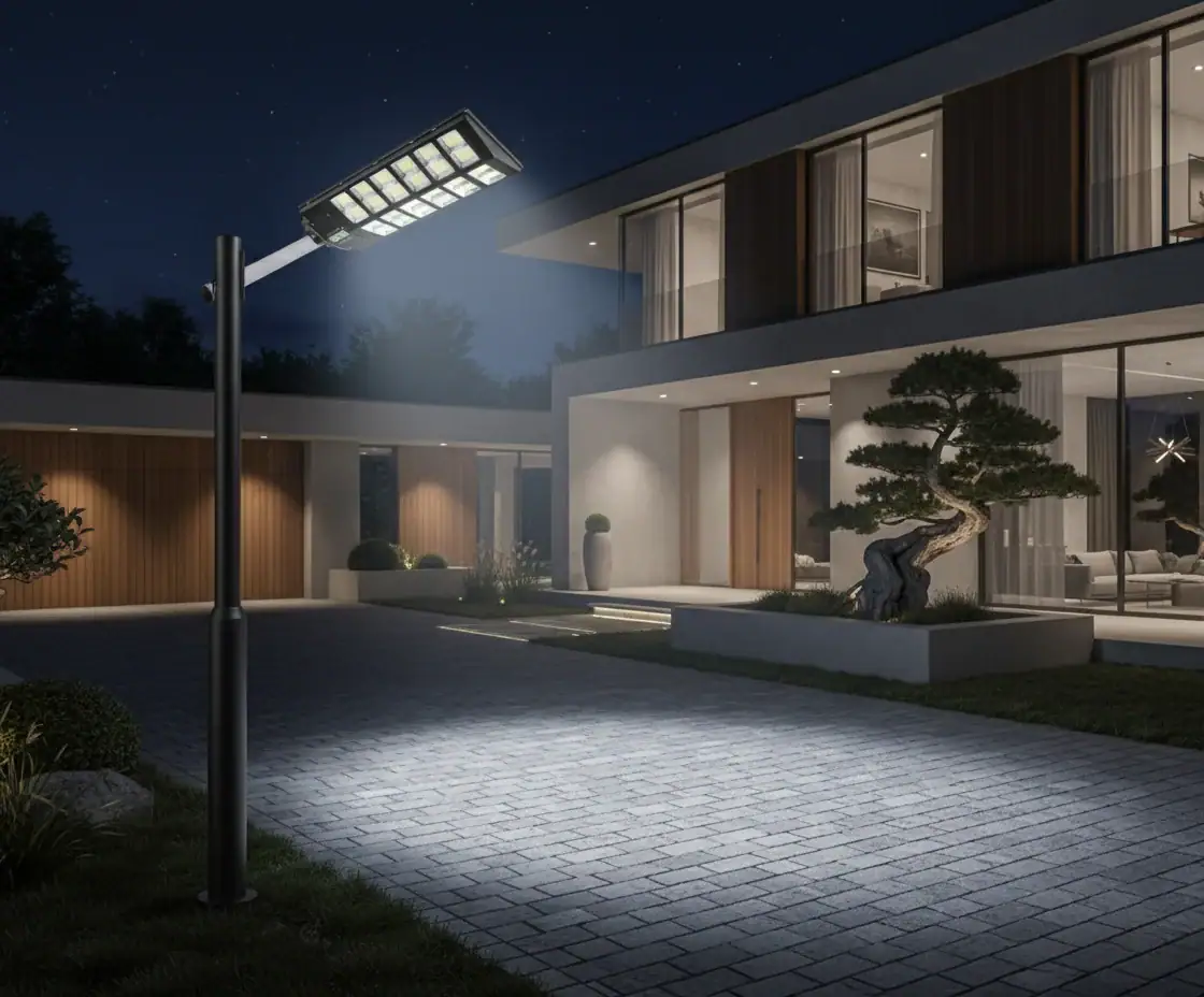 Modern ev önünde ESA-1500 sokak lambası gece aydınlatması.