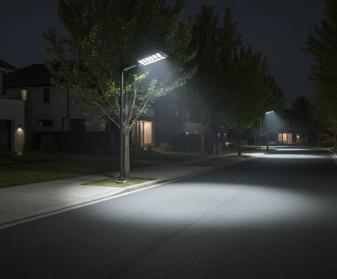 Gece vakti ESA-1500 sokak lambasının aydınlattığı bir sokak.