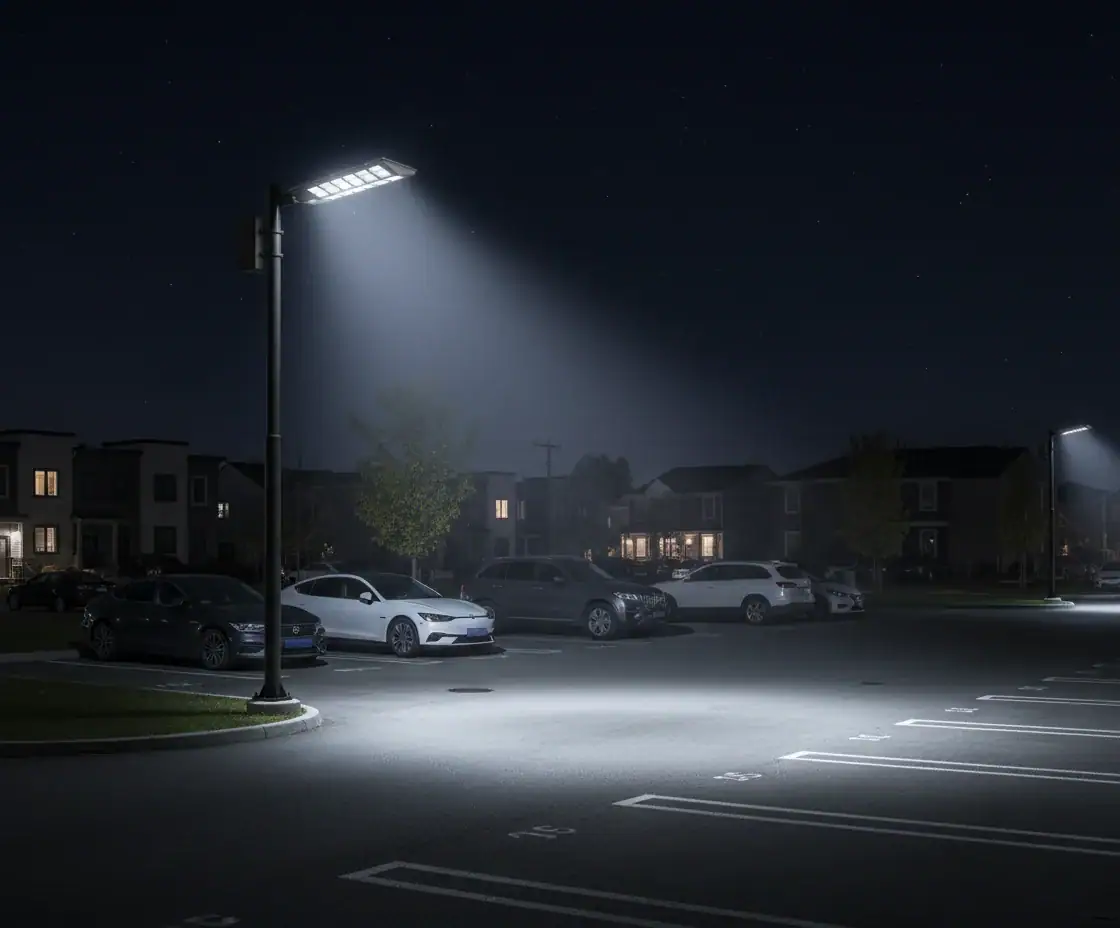 Park yerinde ESA-1500 LED sokak lambası aydınlatması. Gece, park edilmiş arabalar.