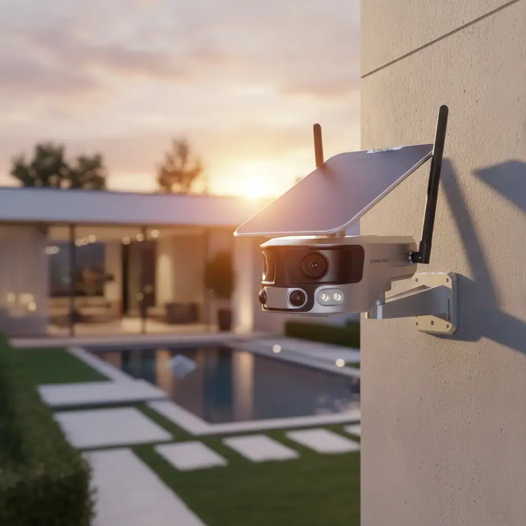 ESK-180 WiFi güvenlik kamerası, güneş paneliyle duvara monte edilmiş.