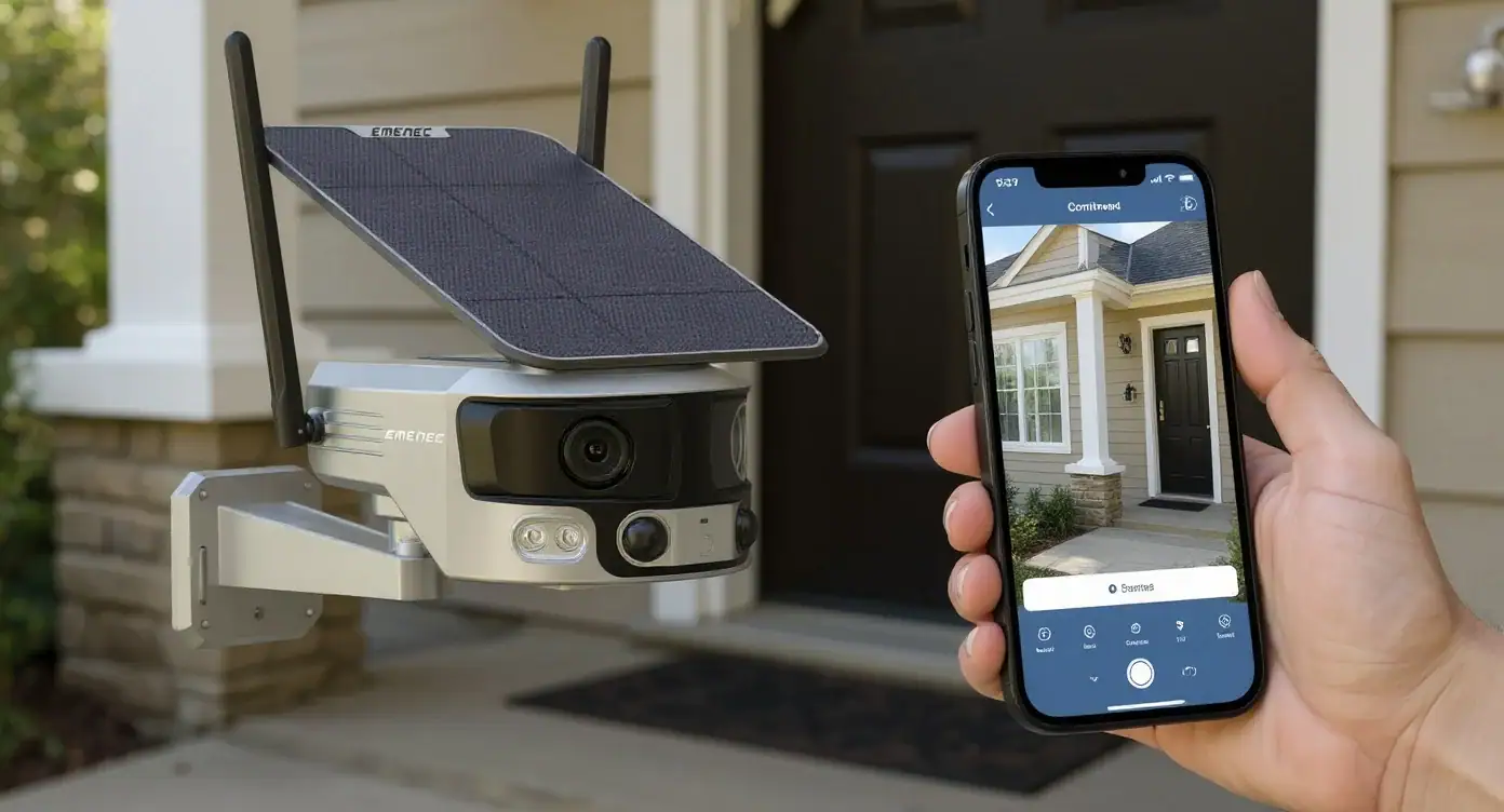 ESK-180 WiFi güvenlik kamerası, güneş paneli ve akıllı telefon ekran görüntüsü.