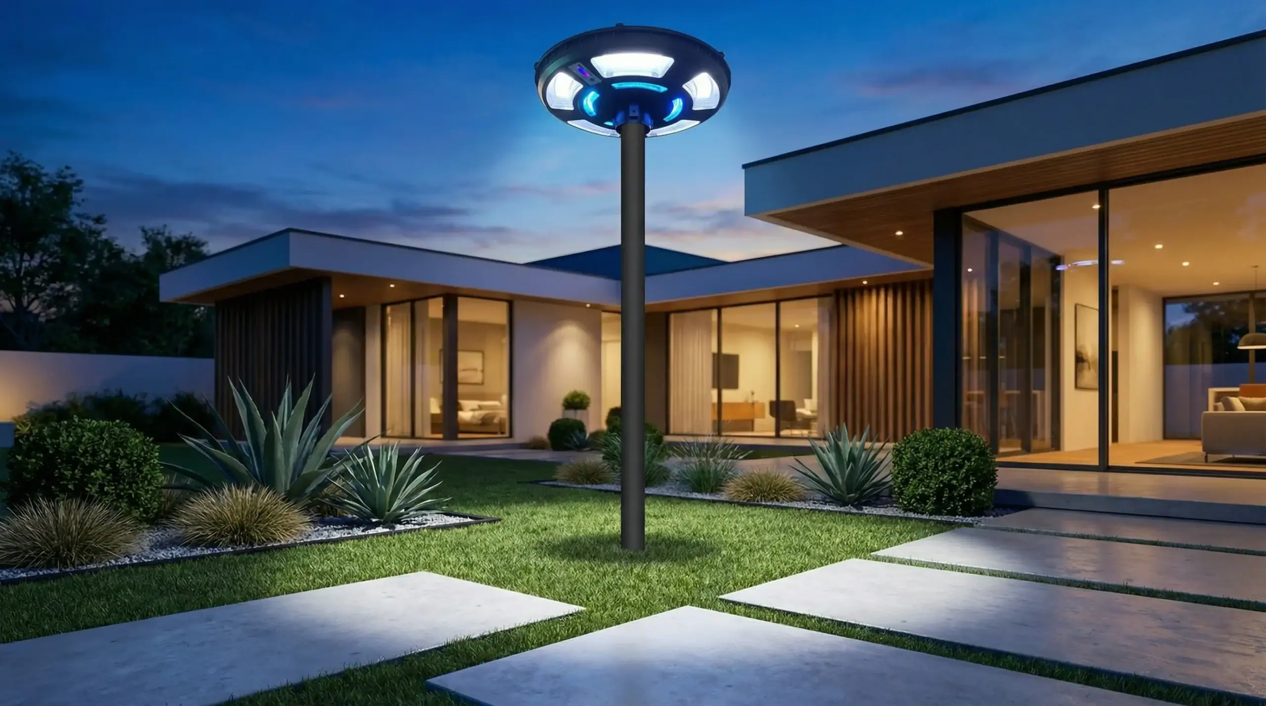 Modern bahçede ESU-747R aydınlatması ile şık ev ve peyzaj tasarımı.