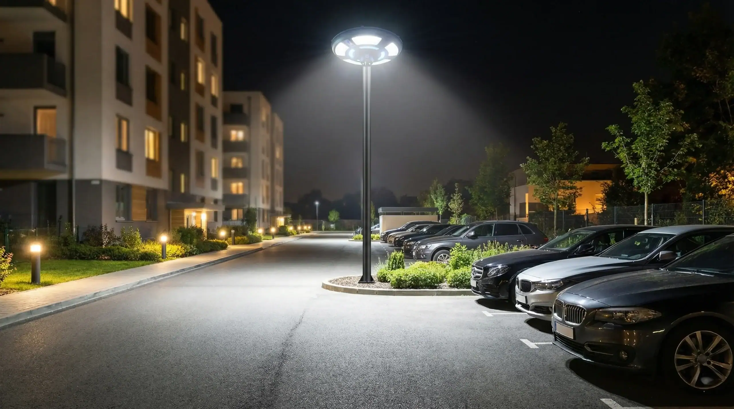 Gece otoparkında ESU-747R sokak lambası aydınlatması.