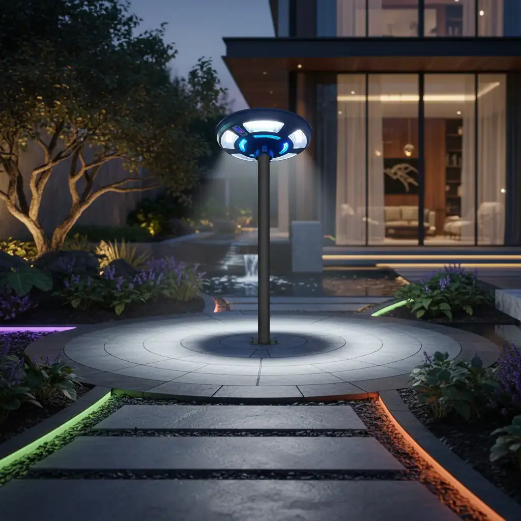 ESU-747R: Modern bahçe aydınlatması, dairesel zemin ışığı ve şık dış mekan tasarımı.